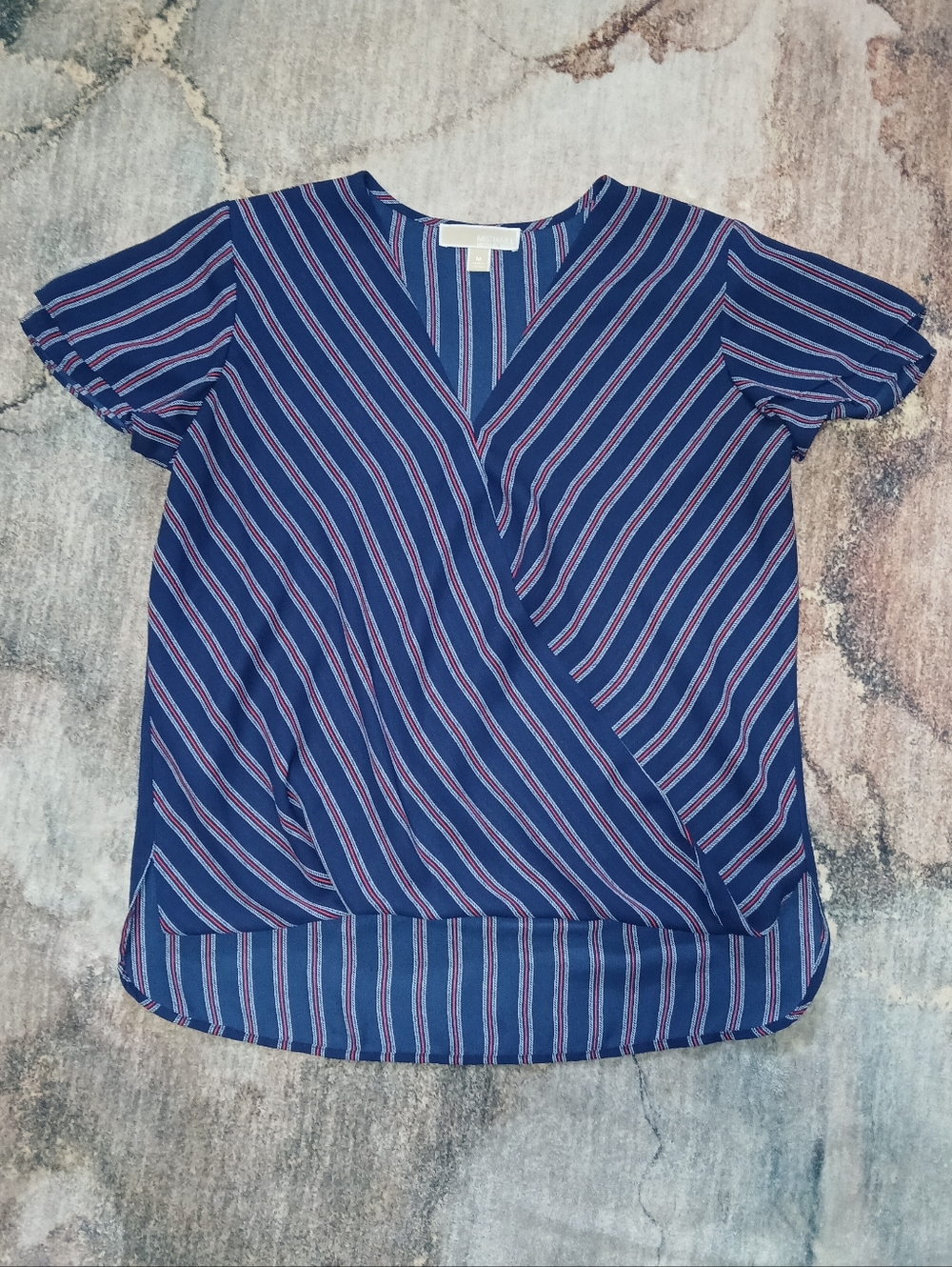 Michael Kors Navy Blue Striped Faux-Wrap Blouse with Red Accents